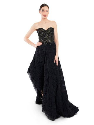 Black ruffle drape embroidered gown