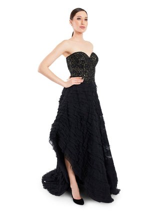 Black ruffle drape embroidered gown