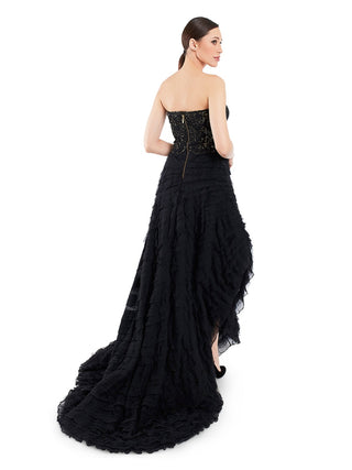 Black ruffle drape embroidered gown