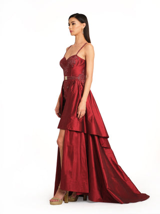 Red silk embroidered gown