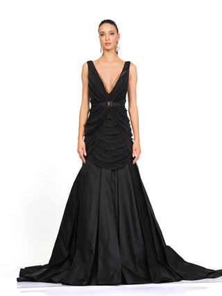 Black plunge neck gown