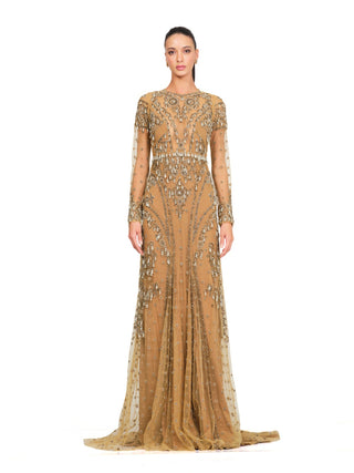 Beige embroidered full sleeved gown