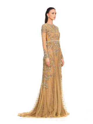 Beige embroidered full sleeved gown