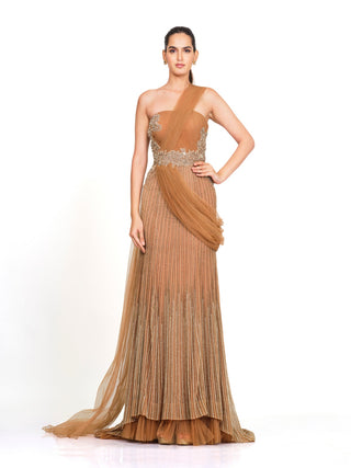 Beige drape embroidered gown