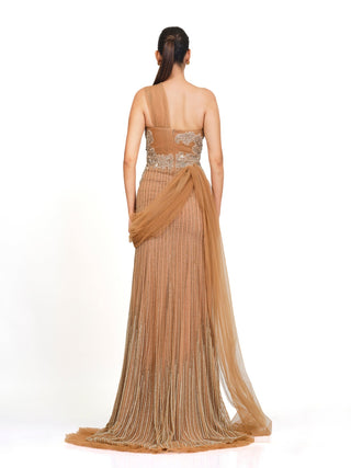 Beige drape embroidered gown