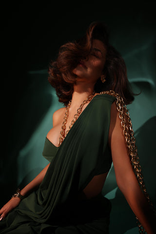 Emerald green chain strings saree and blouse