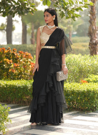 Lara black gold ruffled stitched saree set