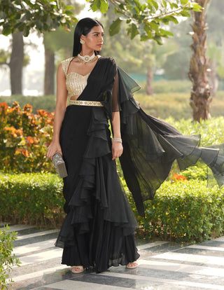 Lara black gold ruffled stitched saree set