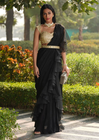 Lara black gold ruffled stitched saree set