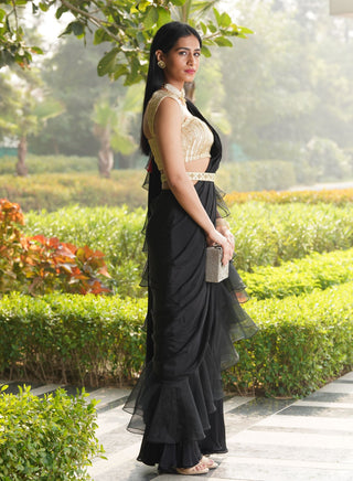 Lara black gold ruffled stitched saree set