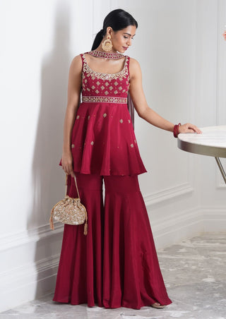 Aisha maroon peplum kurta and sharara set