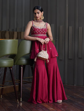 Aisha maroon peplum kurta and sharara set