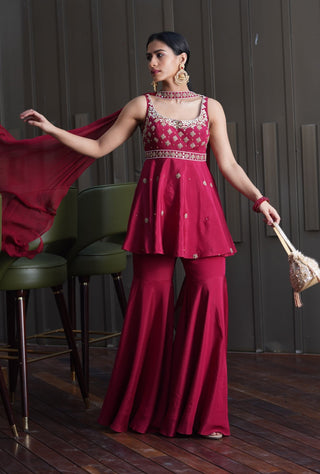 Aisha maroon peplum kurta and sharara set