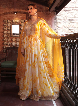 Yellow printed anarkali suit set