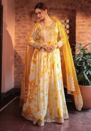 Yellow printed anarkali suit set