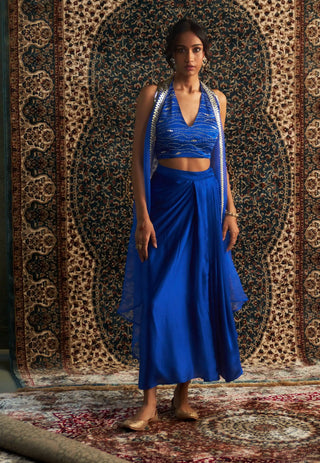 Blue embroidered jacket and draped skirt set