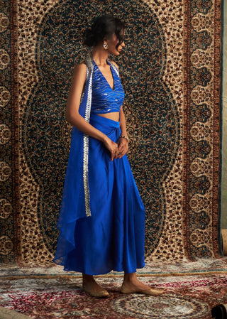 Blue embroidered jacket and draped skirt set