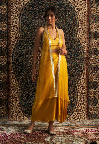 Marigold embroidered jacket and draped skirt set