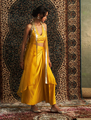 Marigold embroidered jacket and draped skirt set