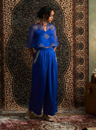 Blue embroidered sheer top and trouser set