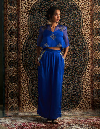 Blue embroidered sheer top and trouser set