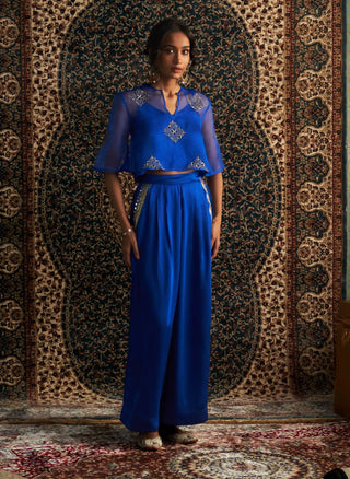 Blue embroidered sheer top and trouser set