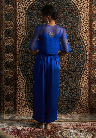 Blue embroidered sheer top and trouser set