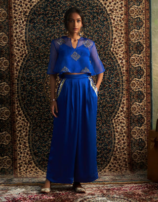 Blue embroidered sheer top and trouser set