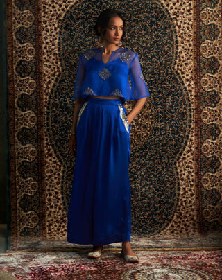 Blue embroidered sheer top and trouser set