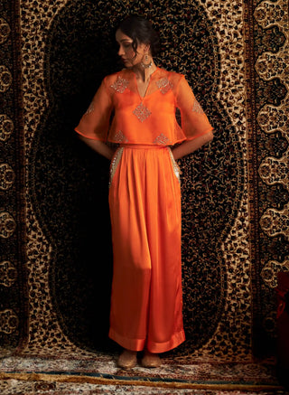 Saffron embroidered sheer top and trouser set