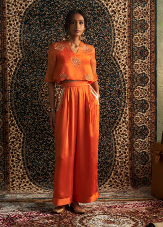 Saffron embroidered sheer top and trouser set