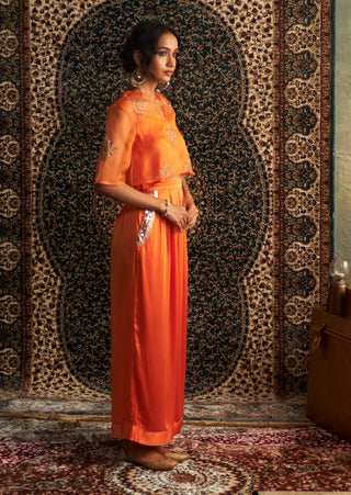 Saffron embroidered sheer top and trouser set