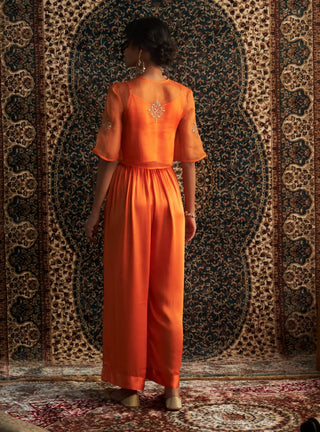 Saffron embroidered sheer top and trouser set