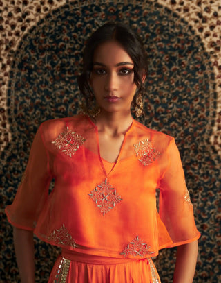 Saffron embroidered sheer top and trouser set