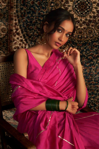 Prarambh rani pink chanderi saree and sleeveless blouse