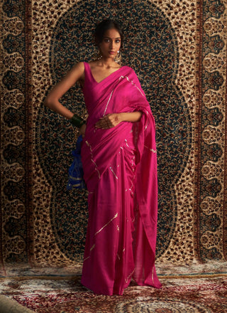 Prarambh rani pink chanderi saree and sleeveless blouse