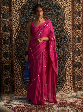 Prarambh rani pink chanderi saree and sleeveless blouse