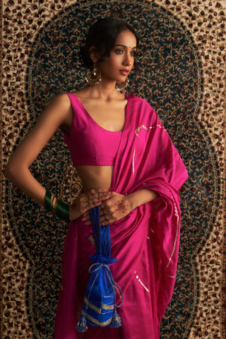 Prarambh rani pink chanderi saree and sleeveless blouse