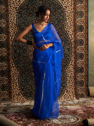 Prarambh blue organza saree and sleeveless blouse