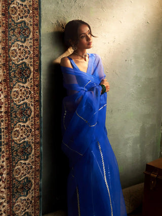 Prarambh blue organza saree and sleeveless blouse