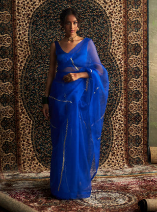 Prarambh blue organza saree and sleeveless blouse