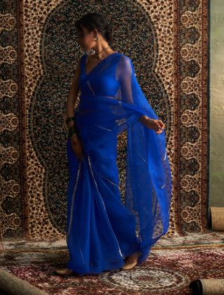 Prarambh blue organza saree and sleeveless blouse