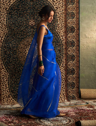 Prarambh blue organza saree and sleeveless blouse