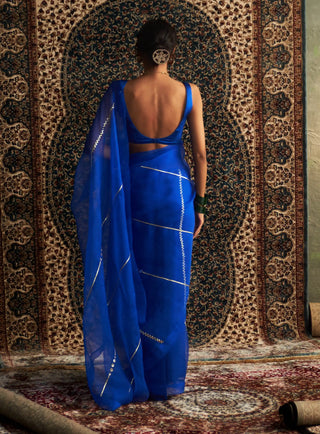 Prarambh blue organza saree and sleeveless blouse