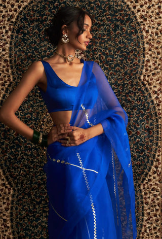 Prarambh blue organza saree and sleeveless blouse