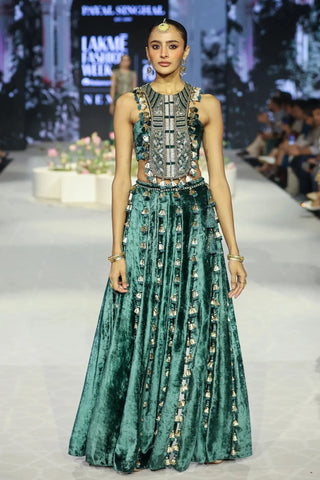 Emerald green embroidered back tie-up choli with slit skirt