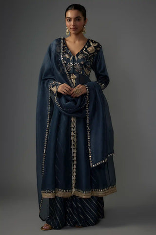 Navy satin and organza embroidered anarkali set