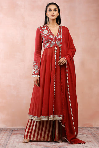 Maroon embroidered anarkali and palazzo set