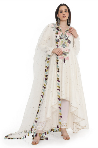 Off-white embroidered high-low anarkali with churidar and a dupatta