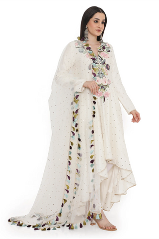 Off-white embroidered high-low anarkali with churidar and a dupatta